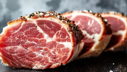 Ham with spices, cut into thin layers - obrazy, fototapety, plakaty