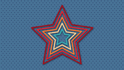 Abstract perforated retro vintage background with colored retro star. Design in futuristic 1970's 1980's 1960's era line frame retro style. Vector funky illustration.
