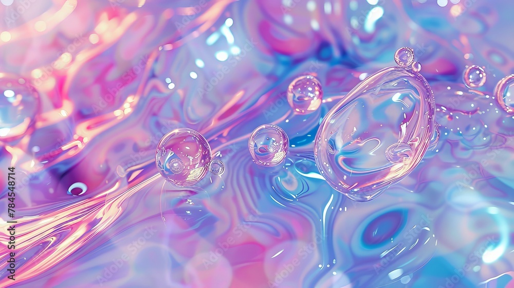 Poster abstract 3d art background with floating holographic liquid blobs, soap bubbles and metaballs.