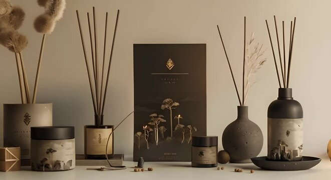 Luxury brand branding home decoration diffuser sticks, luxury incense packaging mockup, handmade ceramic product collection earthy colors.