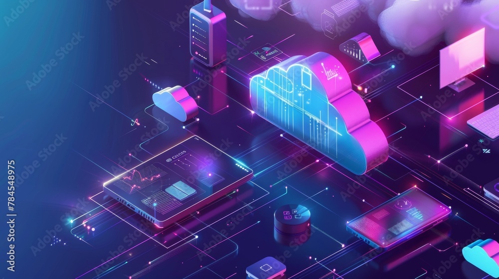 Poster IoT. Smart house. Wireless communication among phone, tablet, and laptop devices and online databases interconnected with the cloud. Cloud computing. Devices connected to digital storage in the data