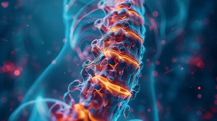 Human spine in x-ray on blue background. The neck spine is highlighted. Medical examination of spinal injuries.