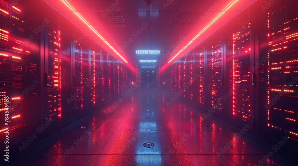 Aufkleber Server room with LED console. Backup, mining, hosting, mainframes, farms, and computer racks with storage information. Three dimensional rendering.