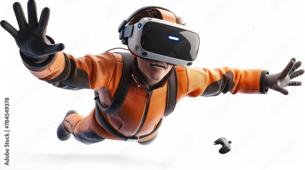 Poster an illustration of a cartoon character wearing a virtual reality headset and playing a gamepad again