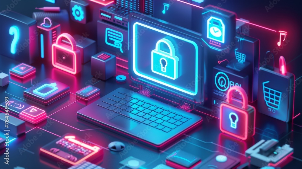Fototapete set of icons related to cyber security and data protection. 3d rendering.