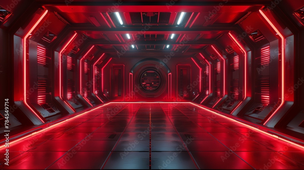 Poster An empty red stage in a futuristic sci-fi setting. 3D rendering