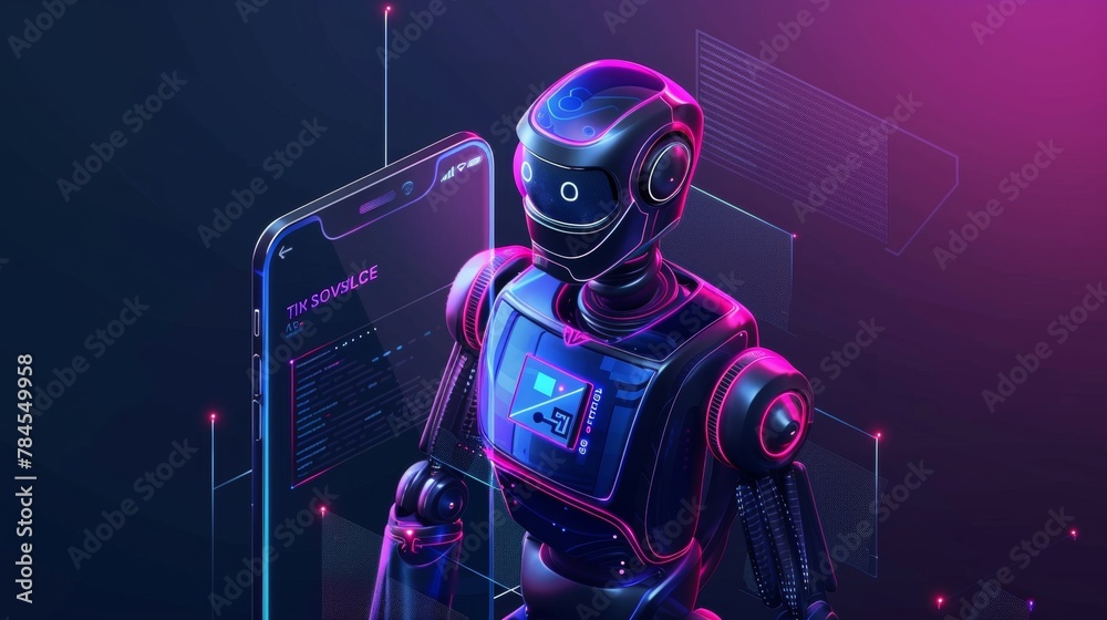 Poster Mobile online chat bot. Cyborg or robot with AI look out of screen phone. Chatbot, internet helper, virtual support of web services. Technology concept.