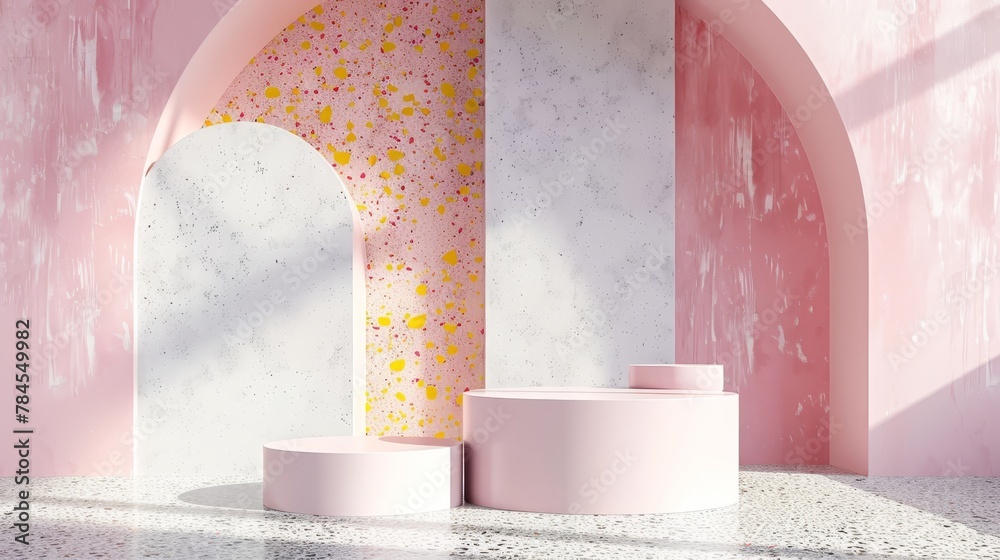 Leinwandbilder for displaying products, this podium backdrop with terrazzo texture is ideal. 3d rendering.