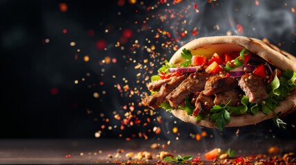 Fresh grilled beef turkish or chicken arabic shawarma doner sandwich with flying ingredients and spices hot ready to serve and eat food commercial advertisement menu banner with copy space area - obrazy, fototapety, plakaty