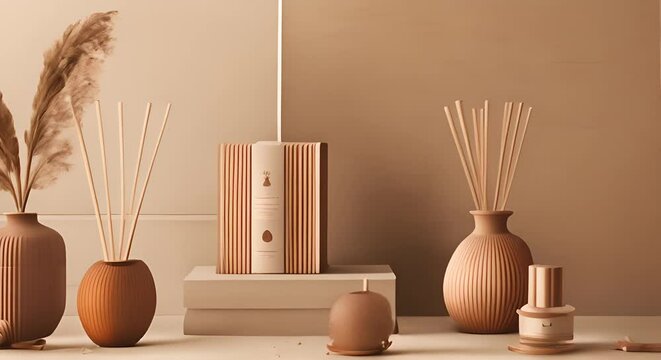 Luxury brand branding home decoration diffuser sticks, luxury incense packaging mockup, handmade ceramic product collection earthy colors.