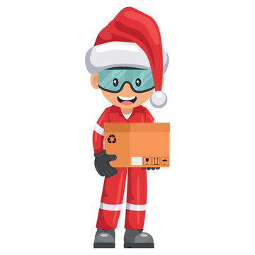 Industrial mechanic worker with Santa Claus hat loading a box for delivery, distribution and storage. Merry christmas. Industrial safety and occupational health at work