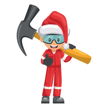 Industrial mechanic worker with Santa Claus hat carrying a giant hammer. Merry christmas. Supervisor with personal protective equipment. Industrial safety and occupational health at work