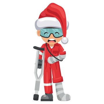 Sad Industrial worker with Santa Claus hat injured with bandages and plaster cast on his leg, arm after an accident at the workplace. Industrial safety and occupational health at work