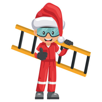Industrial mechanic worker with Santa Claus hat carrying a ladder with thumb up. Supervisor with personal protective equipment. Merry christmas. Industrial safety and occupational health at work