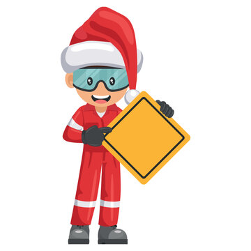 Construction industrial worker with Santa Claus hat with a warning sign with copy space for text. Merry christmas. Industrial safety and occupational health at work