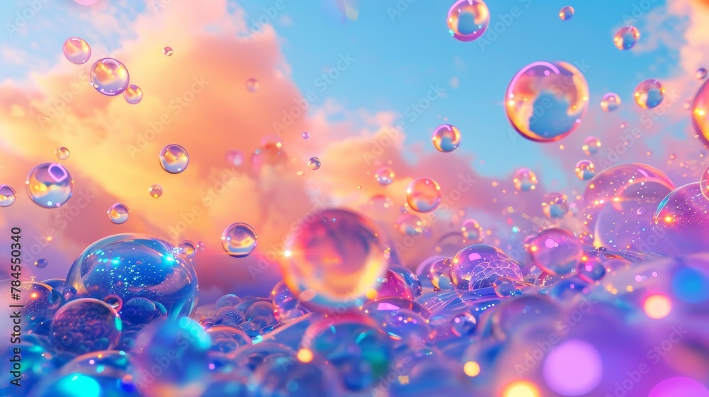 Poster the background is an abstract 3d art background with holographic floating liquid blobs, soap bubbles