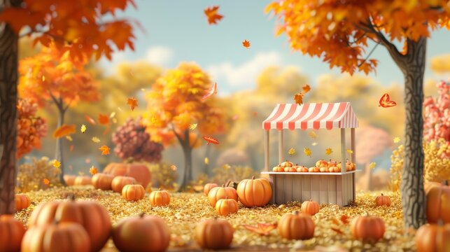 An abstract autumn landscape scene with pumpkins and a product stand. This image is a 3D rendering.
