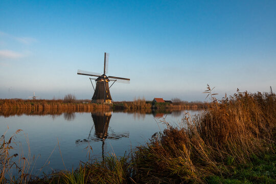 Windmills in the Netherlands during sunset