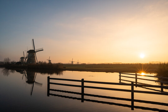Windmills in the Netherlands during sunset
