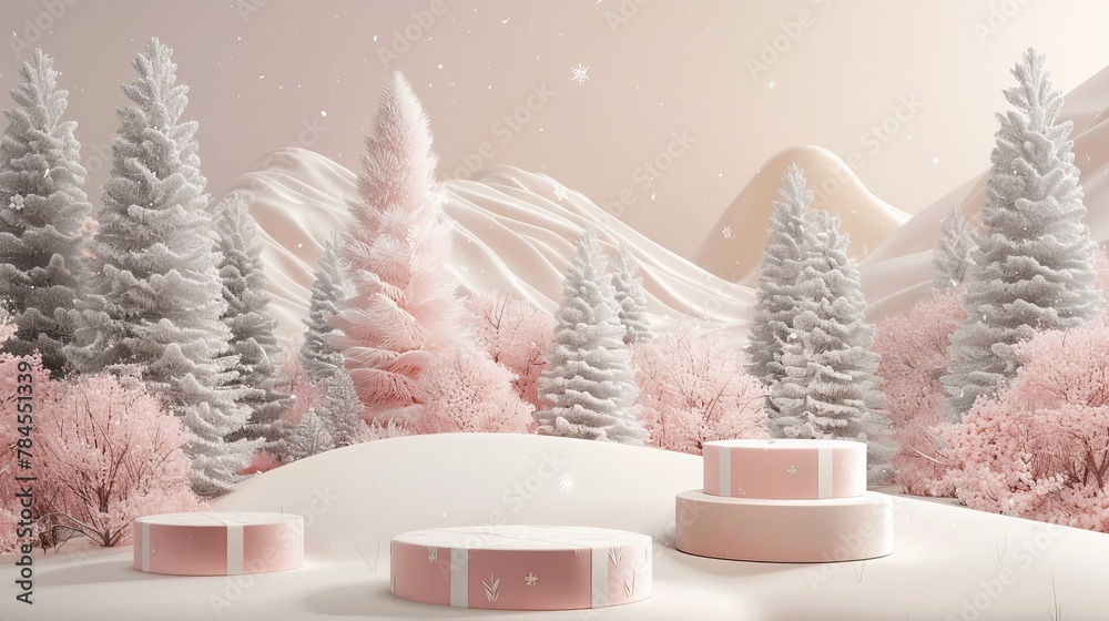 Poster landscape background with a product stand at the end of a winter christmas season. 3d rendering.