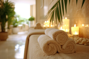 Tranquil spa setting with rolled towels and ambient candlelight.