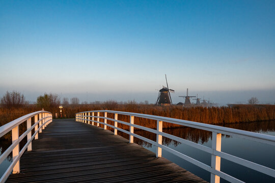 Windmills in the Netherlands during sunset