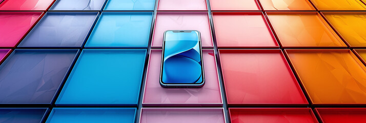 Blue and Indigo Backdrop of a Modern Smartphone with Multiple Open Shopping Applications - obrazy, fototapety, plakaty
