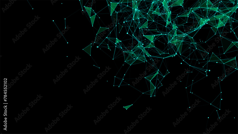 Poster Green abstract background with connection lines, dots and triangles. Technology network connection. Digital structure of particles. Vector illustration.