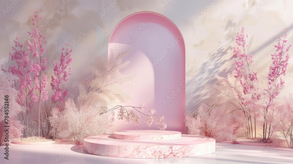 Poster three-dimensional rendering of iridescent floral with abstract pastel stone backdrop for cosmetics d