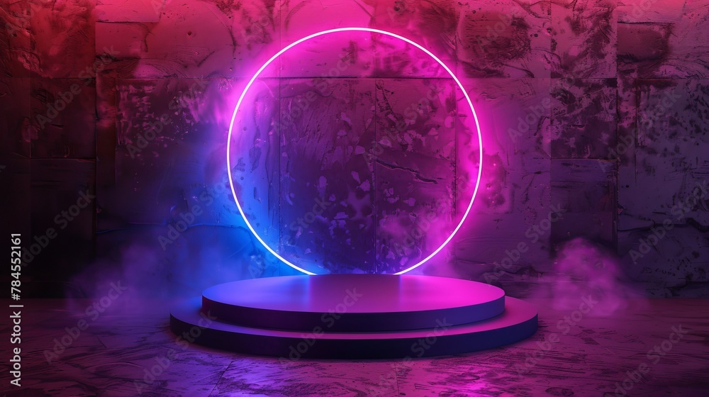 Leinwandbilder There is a dark room with violet diagonal neon and a circle podium. The display is in 3D modern format with copy space.