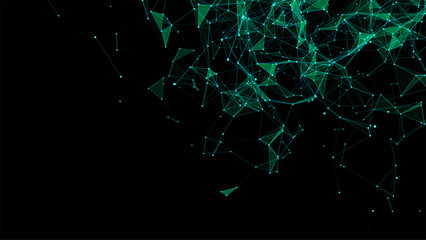 Green abstract background with connection lines, dots and triangles. Technology network connection. Digital structure of particles. Vector illustration.