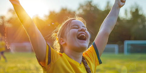 Sportsmanship: Young Woman with Down Syndrome Celebrating a Victory on the Soccer Field. Learning Disability
