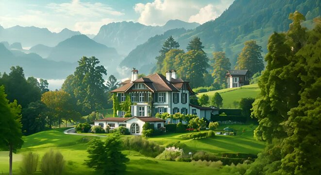 Isolated white house in a lush green landscape of Switzerland, Rural hotel in the middle of the countryside
