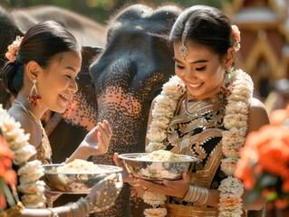 Thai cultural festivity women in traditional garb with jasmine garlands
