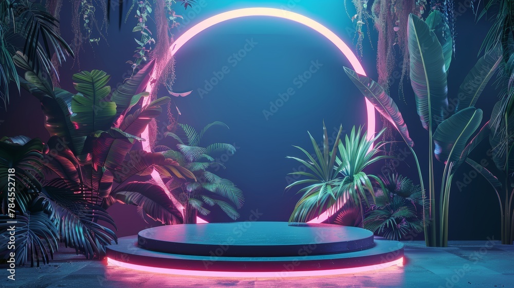 Aufkleber backdrop for summer podium with tropical leaves and neon lights. 3d rendering.