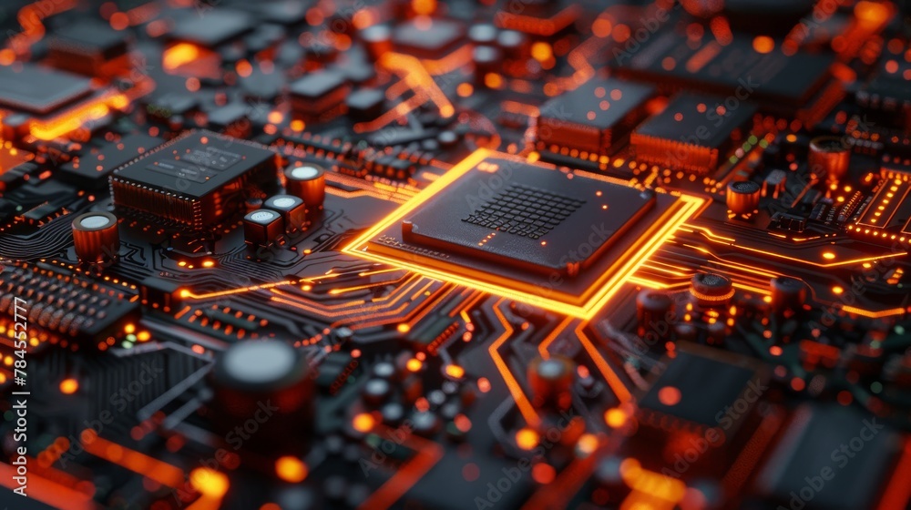 Aufkleber Cyberpunk AI - 3D rendering - circuit board. Technology background - CPU and GPUs - motherboard chips. Background in science and technology....