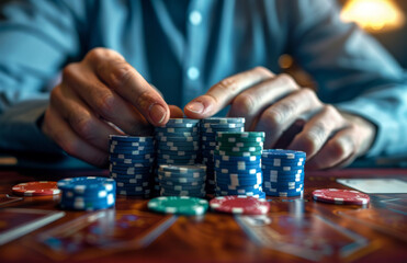A man's hands hold a stack of poker chips at a casino table, depicting a poker game concept - 784552703