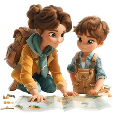 A 3D animated cartoon render of a mother and child discussing details of a treasure map.