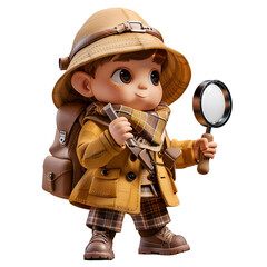 A 3D animated cartoon render of a child holding a magnifying glass and searching for clues.
