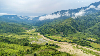 Fototapeta na wymiar Aerial view of beautiful mountain valley in nungba near longsai village and leimatak river.Nature landscape image of manipur in india.