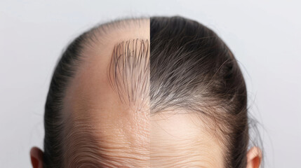 comparison of a mans hair before and after treatment for hair loss. Hair transplant - 784552936