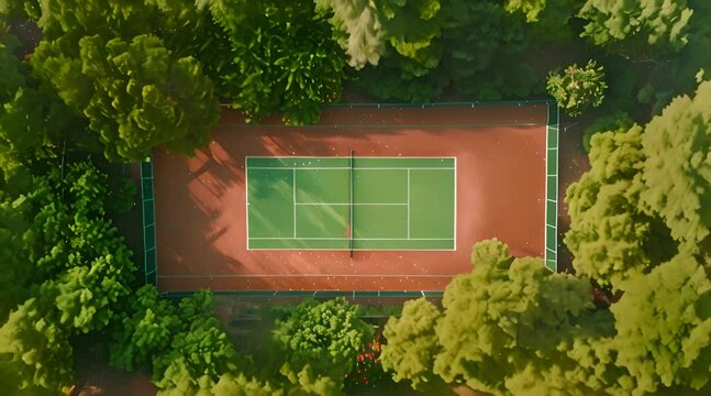 Drone aerial view pista de tenis minimalista, large frame.