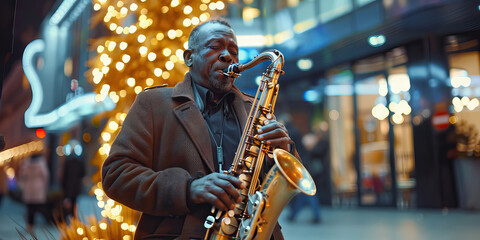 Man playing saxophone in city square. Jazz music in the streets