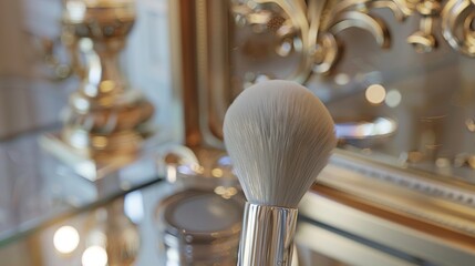  Close-up on a powder brush poised above a compact - obrazy, fototapety, plakaty