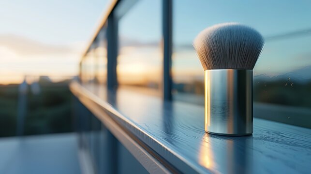  Close-up on a powder brush poised above a compact
