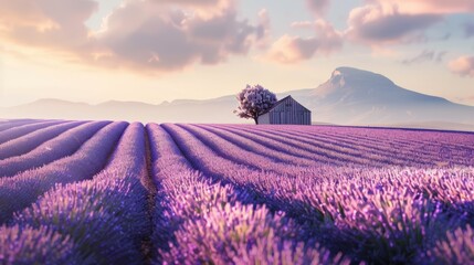 Rich lavender field in Provence with lone tree and house