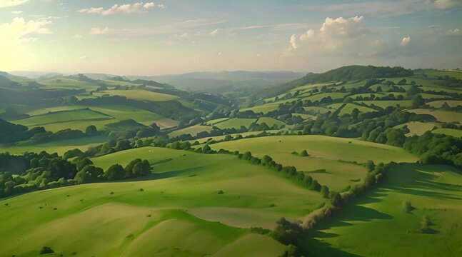 Aerial clip of rolling countryside near Cadbury Castle, Devon, England