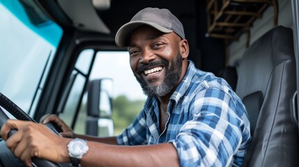 Happy black professional driver getting out of his truck and looking at camera - obrazy, fototapety, plakaty