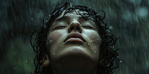 Resilient Hope in the Rain: A person standing in the rain, looking upwards with eyes closed and a peaceful expression, symbolizing hope and renewal