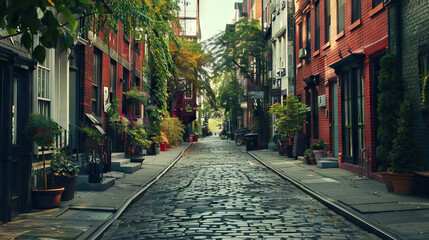 Obraz premium Nostalgia Alley: Quaint Cobblestone Street in the 1990s